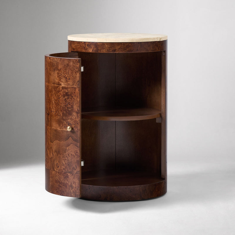 BEAUX TRAVELTINE & BURL NIGHTSTAND
