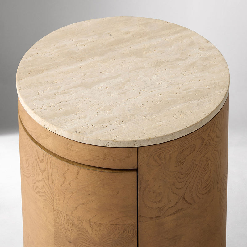BEAUX TRAVELTINE & BURL NIGHTSTAND