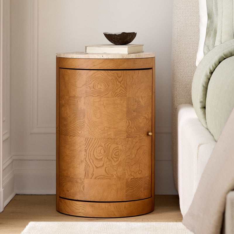 BEAUX TRAVELTINE & BURL NIGHTSTAND