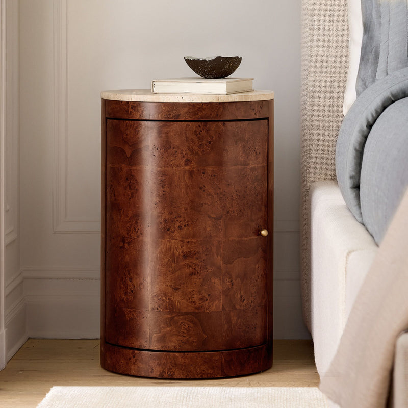 BEAUX TRAVELTINE & BURL NIGHTSTAND