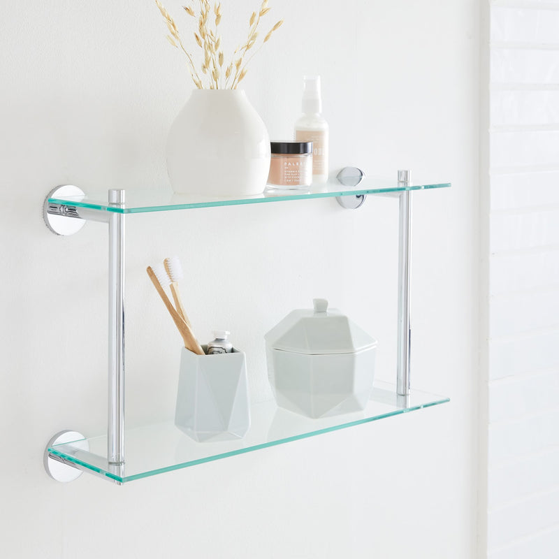 DOUBLE TIERED GLASS BATHROOM SHELF